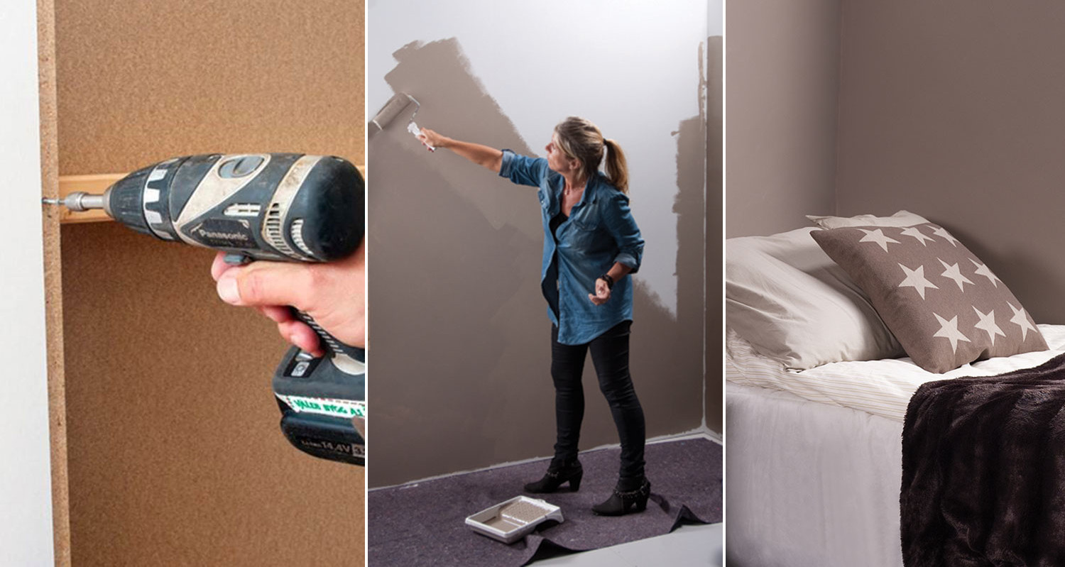 Kollasj med bilder som viser montering og maling av Walls2paint veggplater.