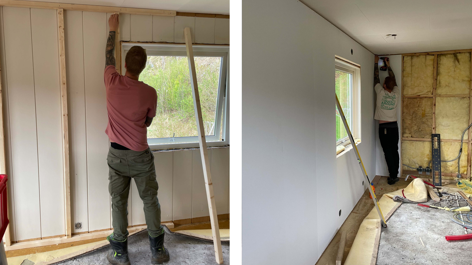 FØR/ETTER: Først montere stenderverk, så klikke opp glatte veggplater fra Walls2paint