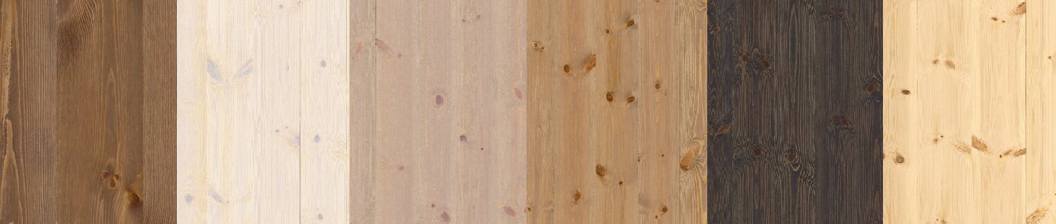 Fra venstre: Smartpanel Wood i fargene Tjærebrun, Kalkhvit, Lys Never, Drivved, Skigard og Ubehandle